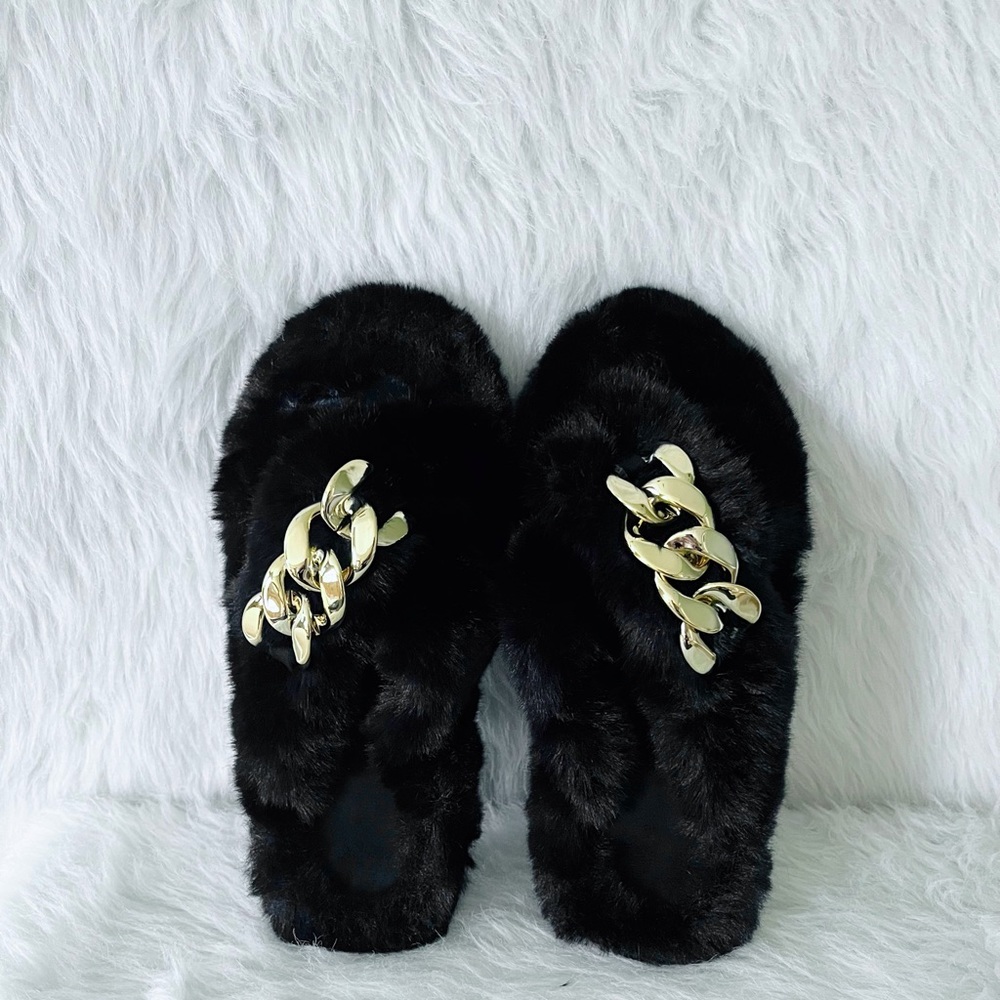 Black Gold Chain Fur Slippers Sz 7 - Picture 3 of 7